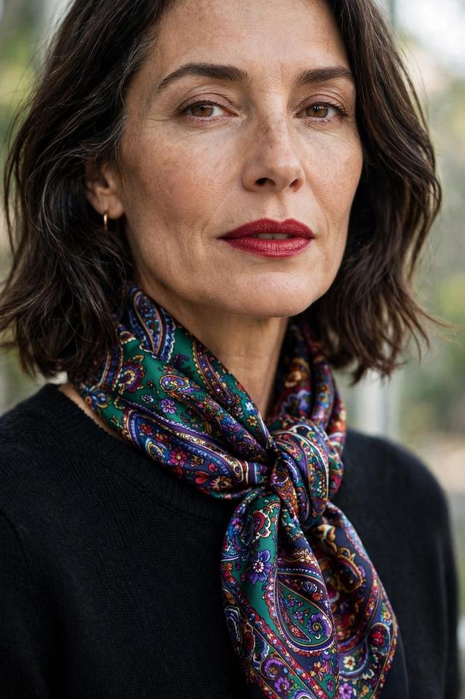 Woman styling a silk scarf with winter outfit