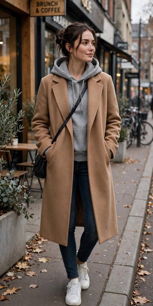 Woman in jeans hoodie and long wool coat