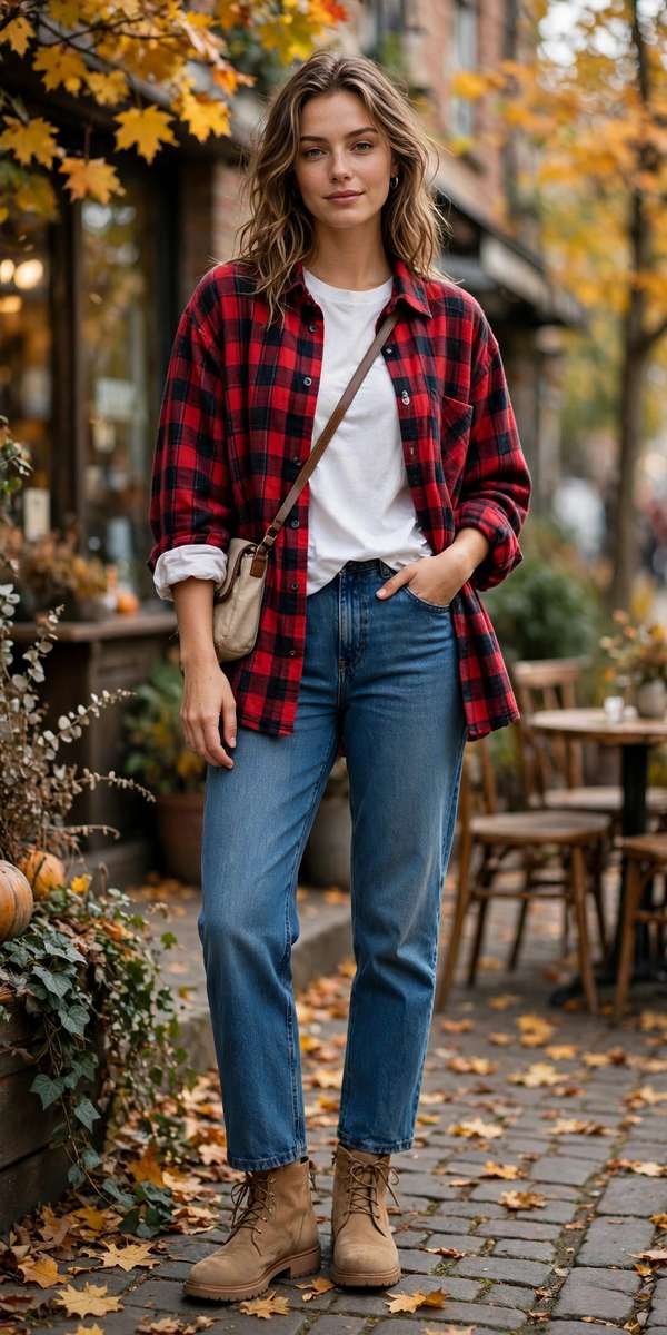 Woman in flannel shacket over basic tee