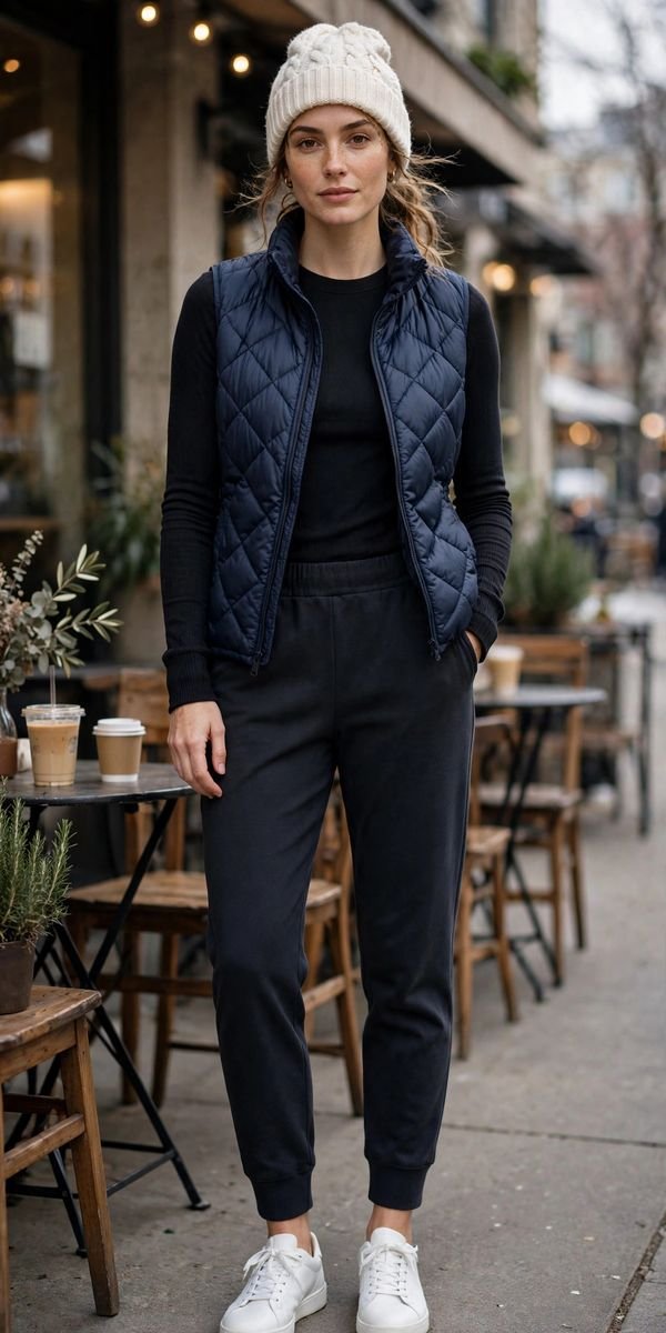 Woman in puffer vest thermal and joggers