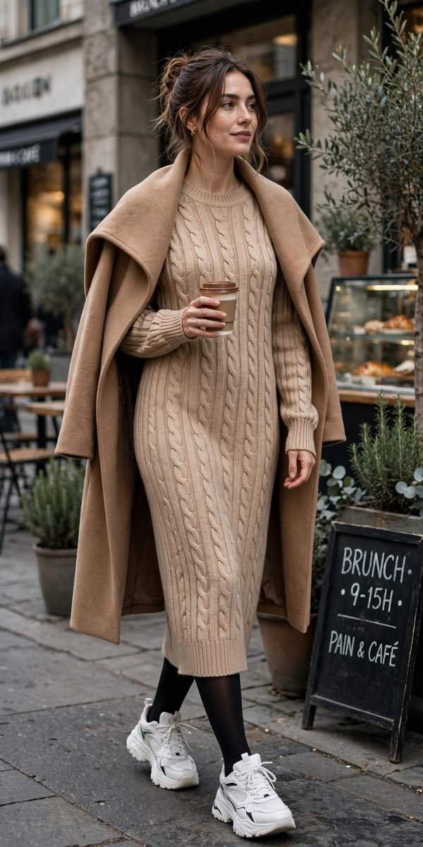 Woman in knit dress with chunky sneakers