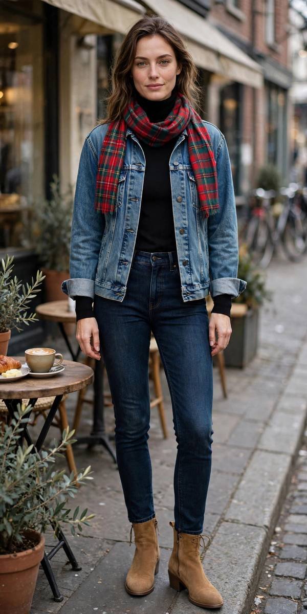 Woman in turtleneck under denim jacket