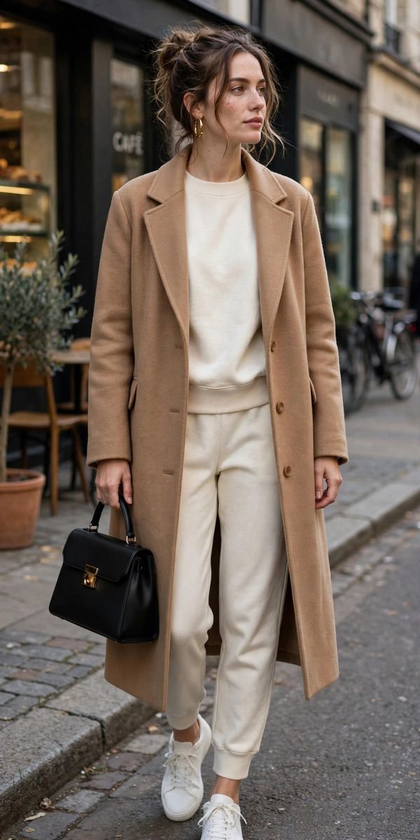 Woman in chic sweatpants co ord set