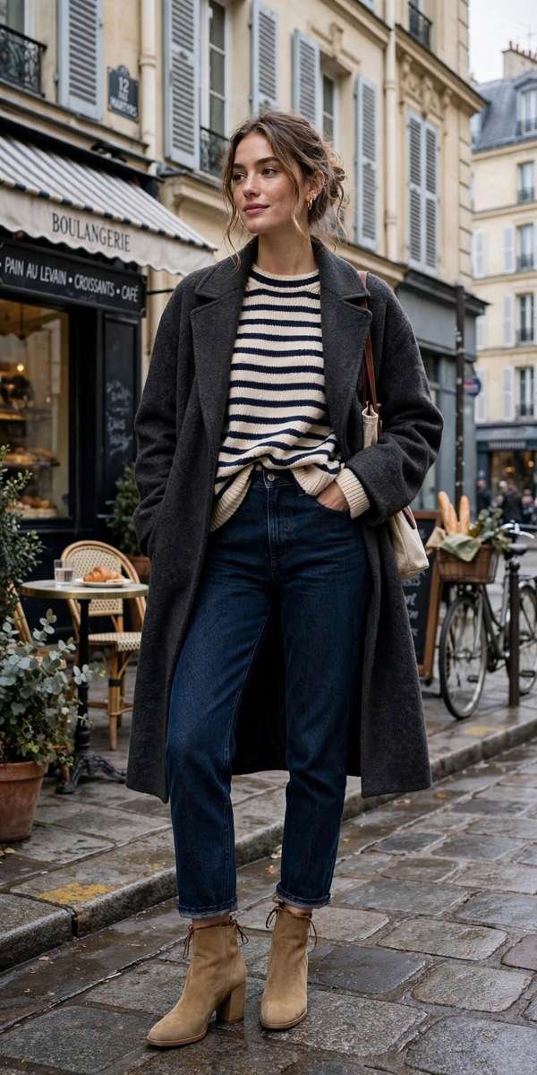 Woman in striped sweater and dark jeans