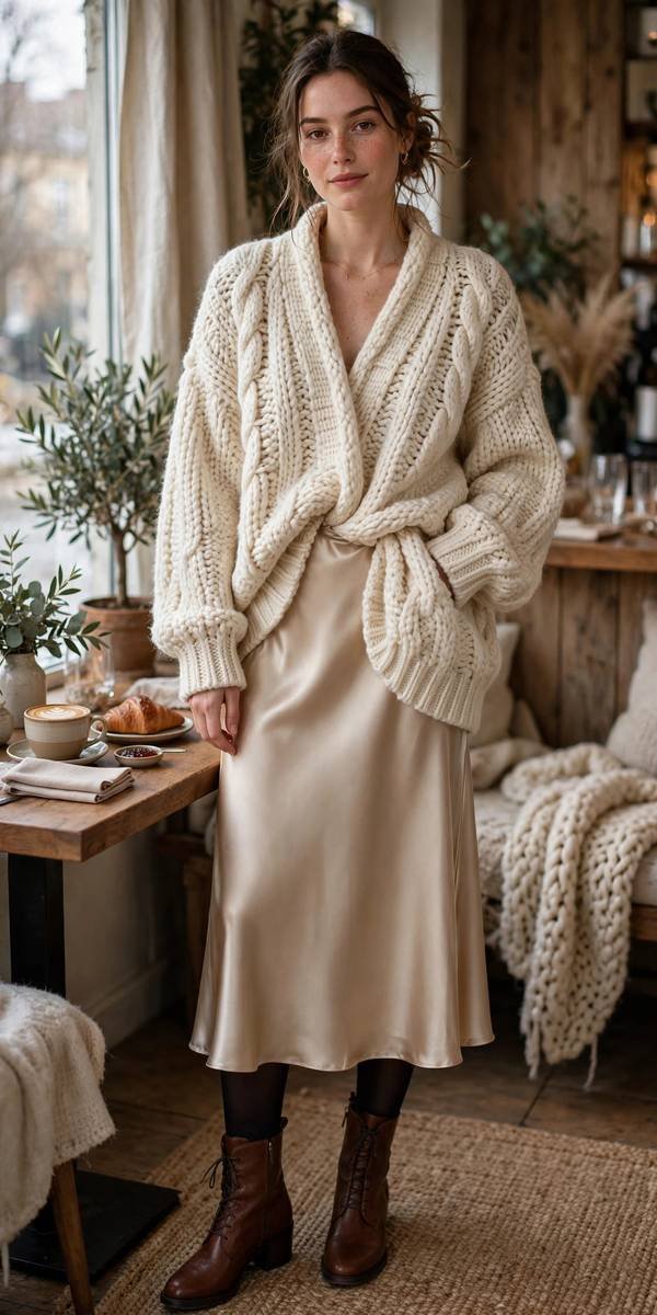 Woman in cozy cardigan and midi skirt