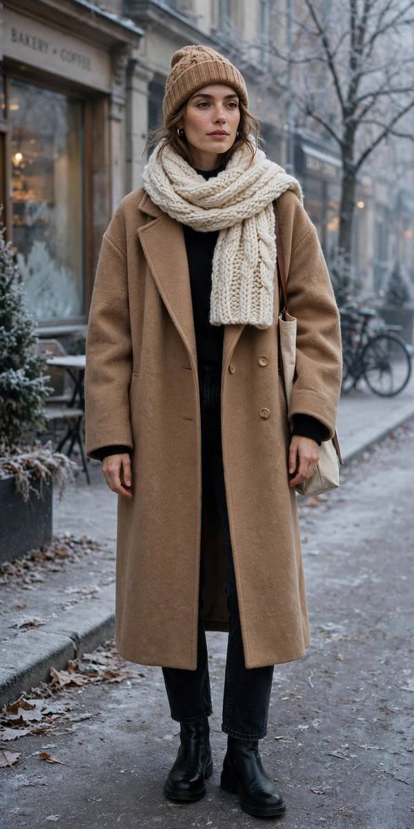Woman in beanie scarf and oversized coat