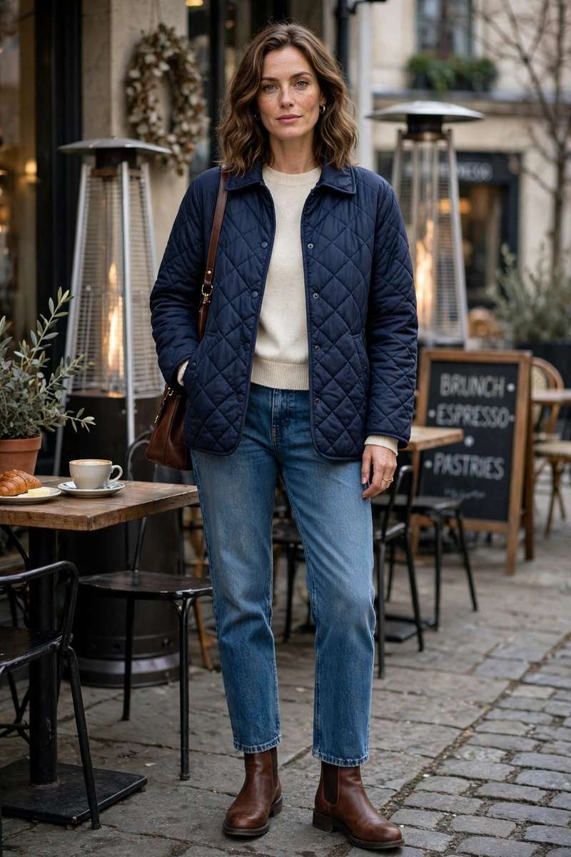 Woman in quilted jacket and straight leg jeans