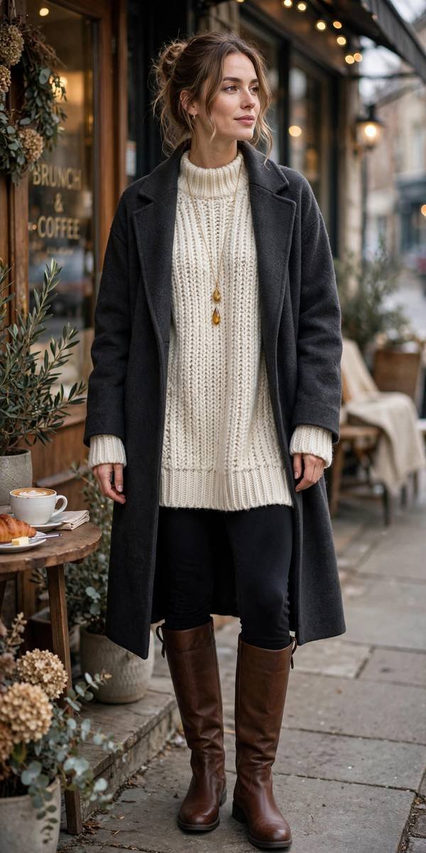 Woman in fleece lined leggings and long tunic