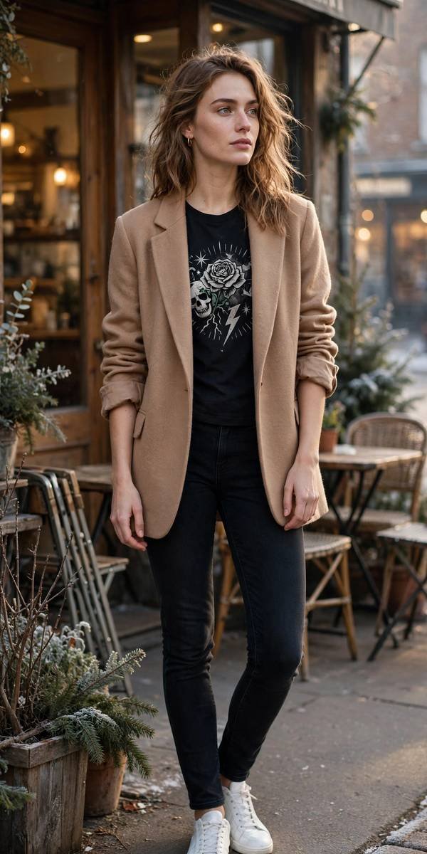 Woman in casual blazer and graphic tee