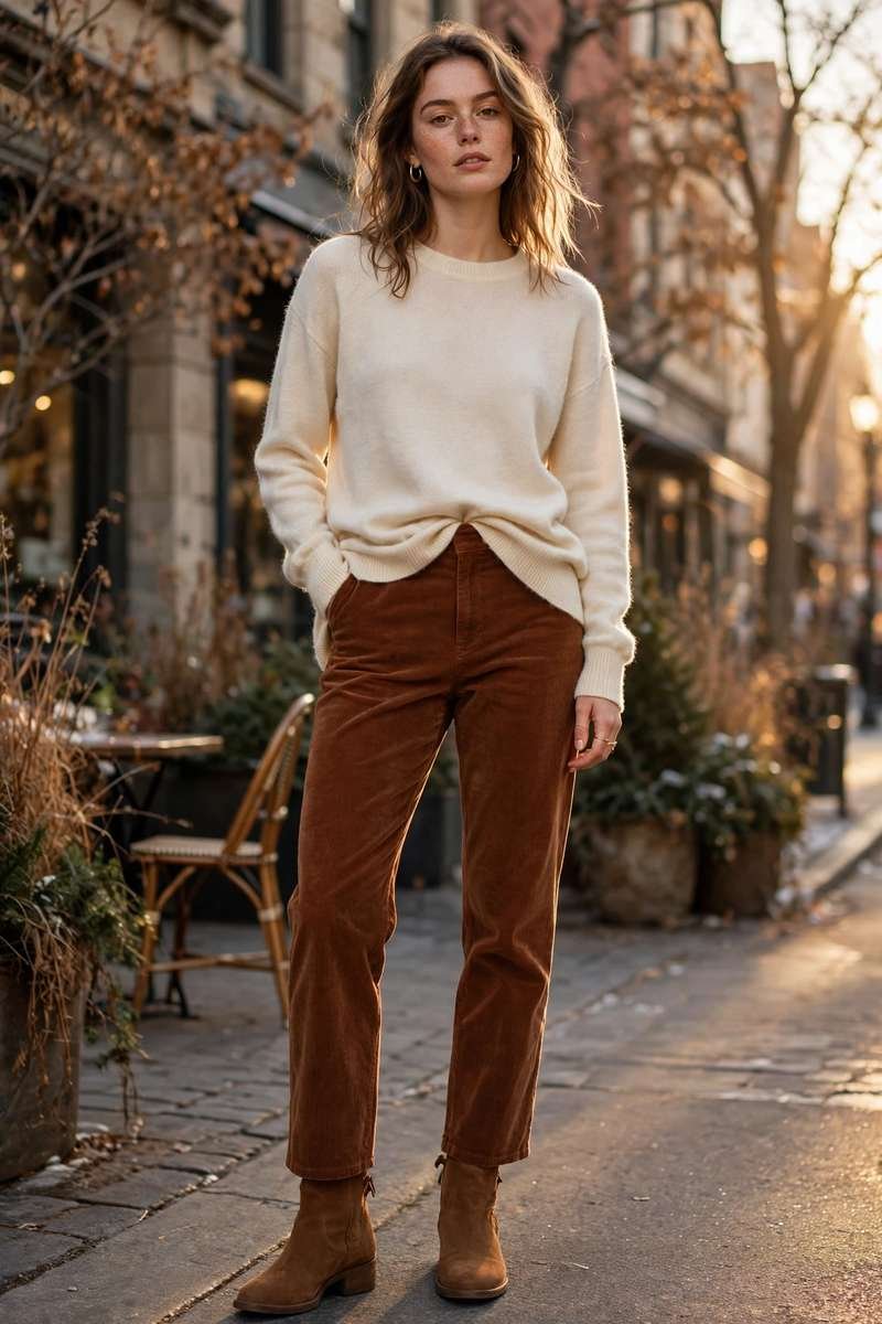 Woman in corduroy pants and simple sweater
