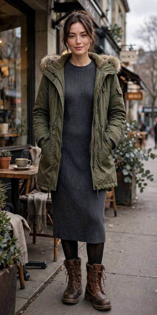 Woman in parka over sweater dress