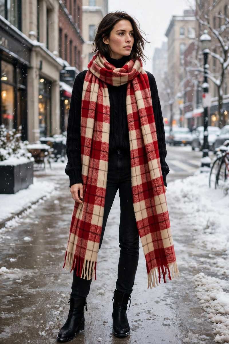 Woman in plaid scarf over all black outfit