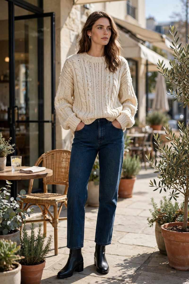 Woman in ankle boots casual winter outfit