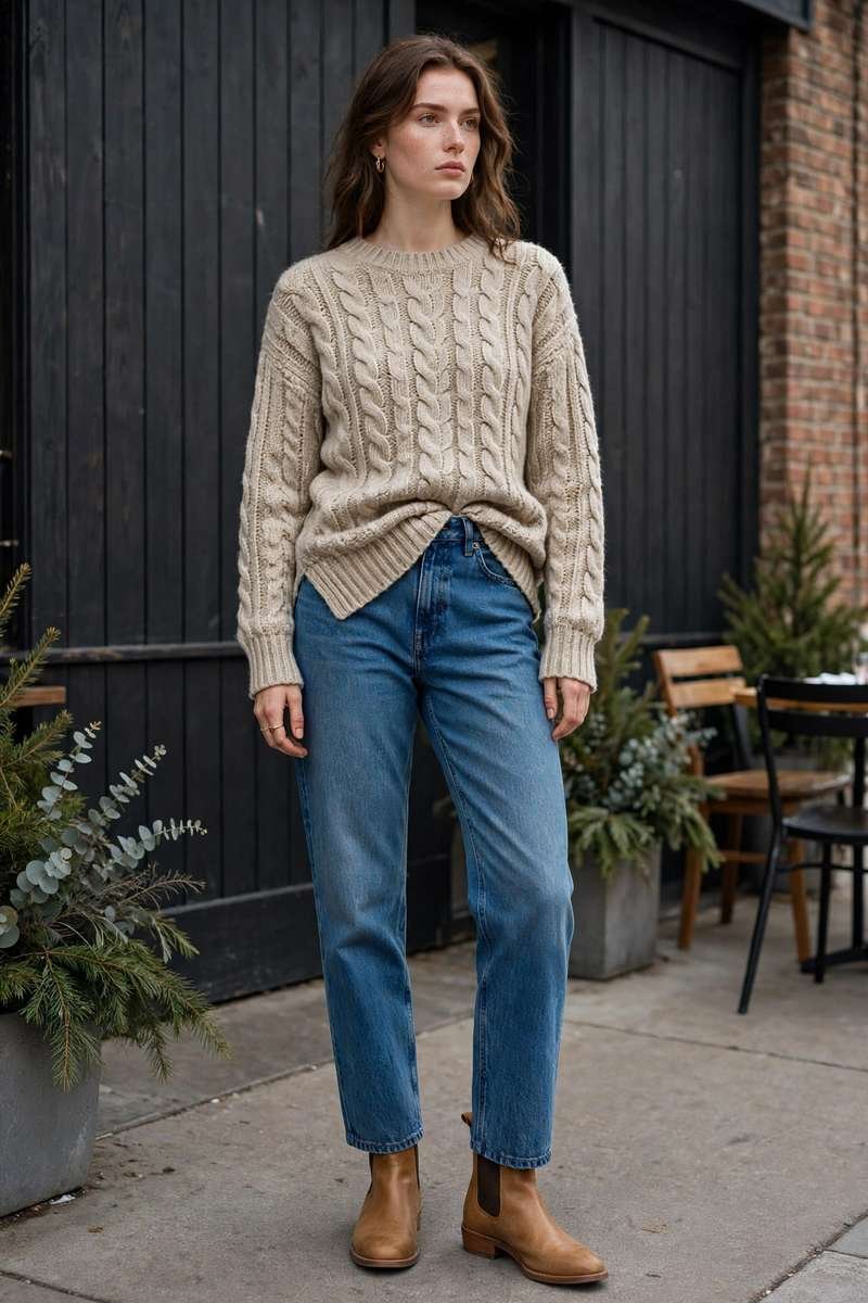 Woman in half tucked sweater and jeans