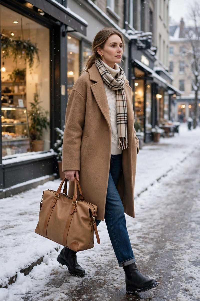 Woman with weekender tote in cozy layers