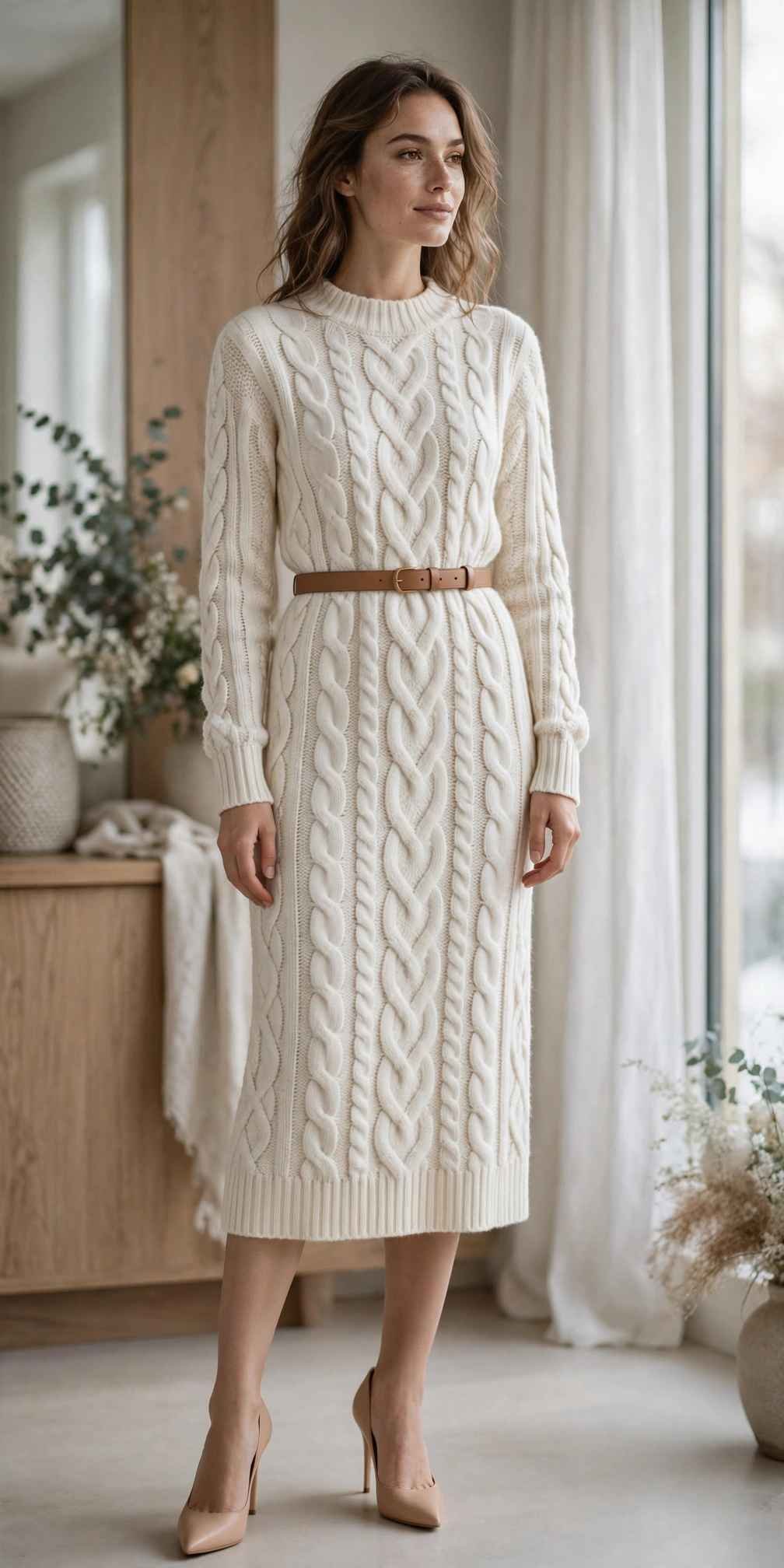 Woman in an ivory knit sweater dress