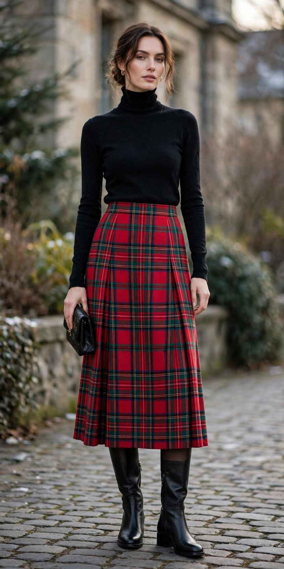 Woman wearing a tartan winter coat outfit
