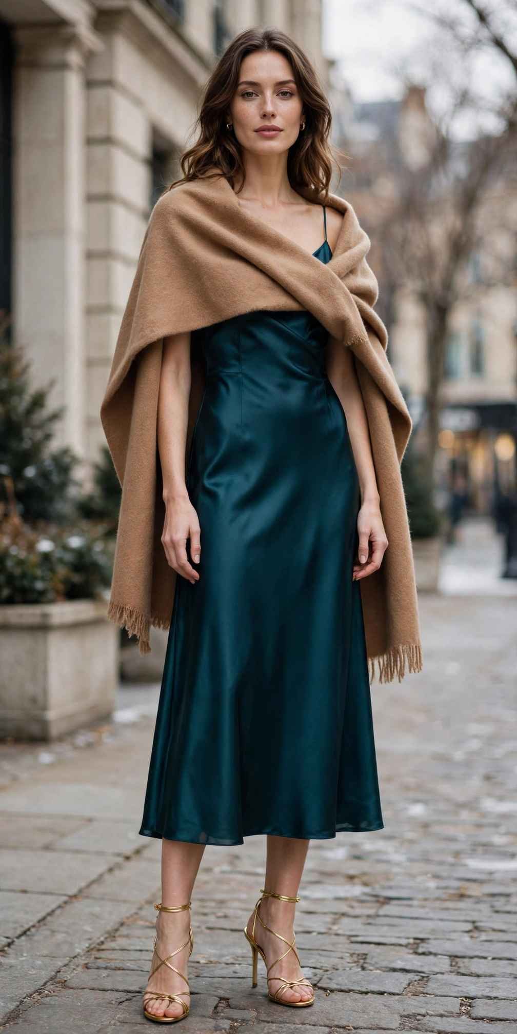 Woman in a deep teal formal dress