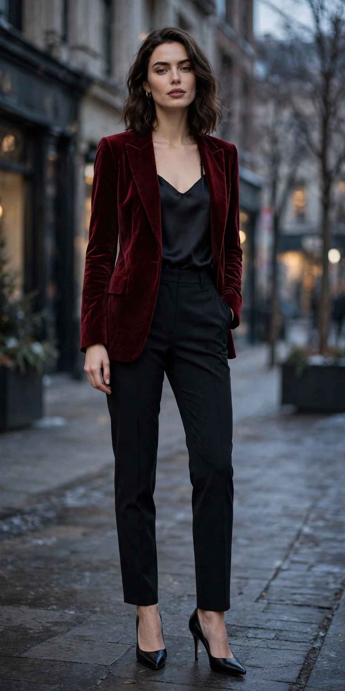 Woman in a velvet blazer with tailored trousers