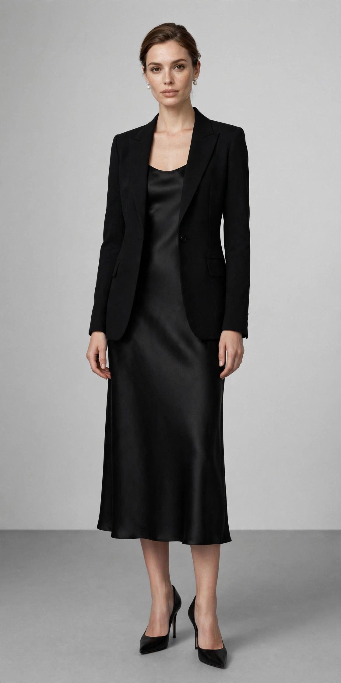 Woman in an elegant all-black winter wedding outfit