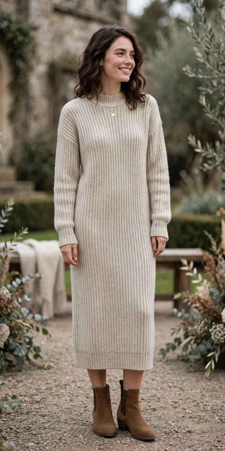 Woman in an affordable knit sweater dress