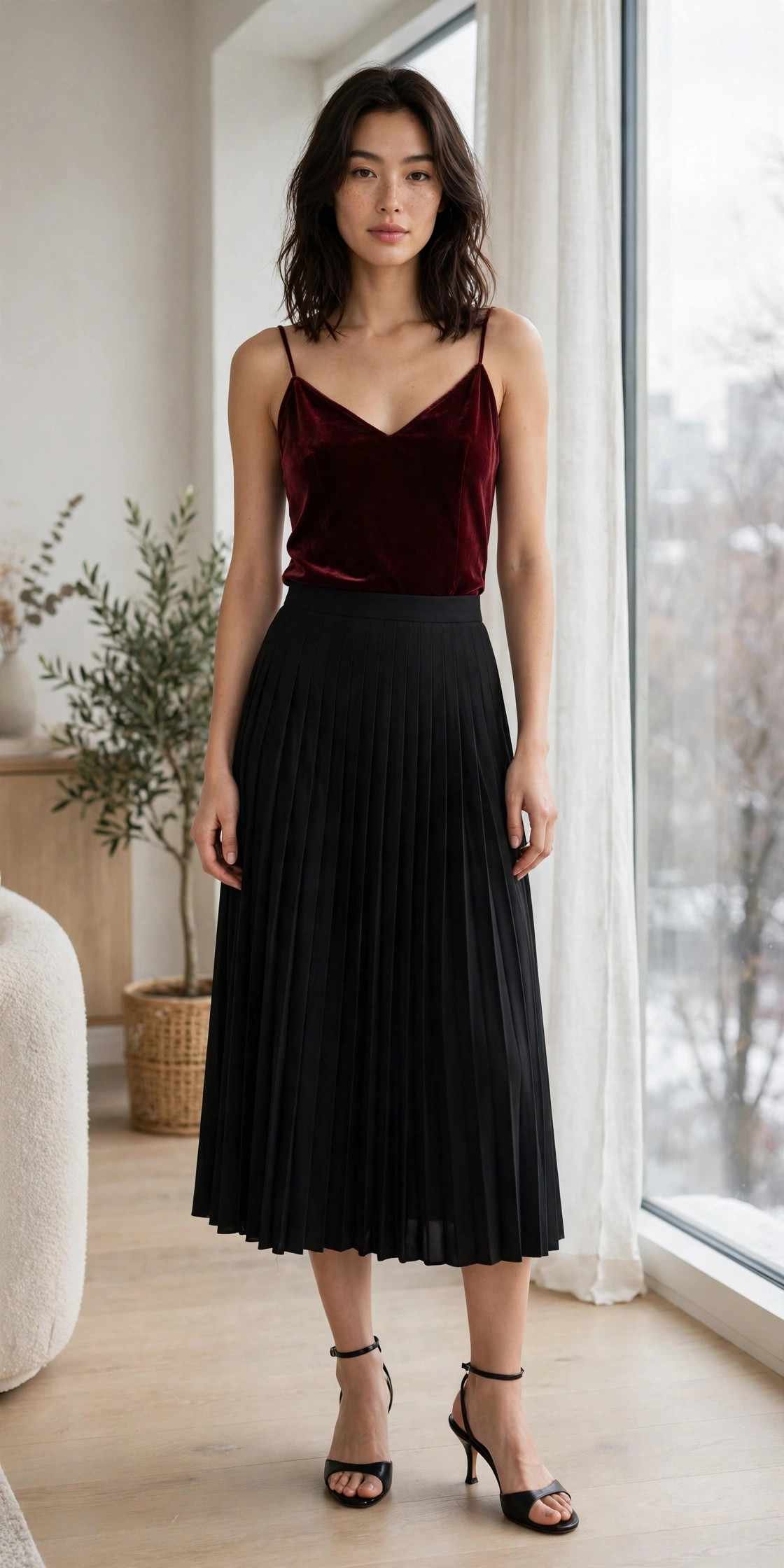 Woman in a pleated skirt with a velvet top