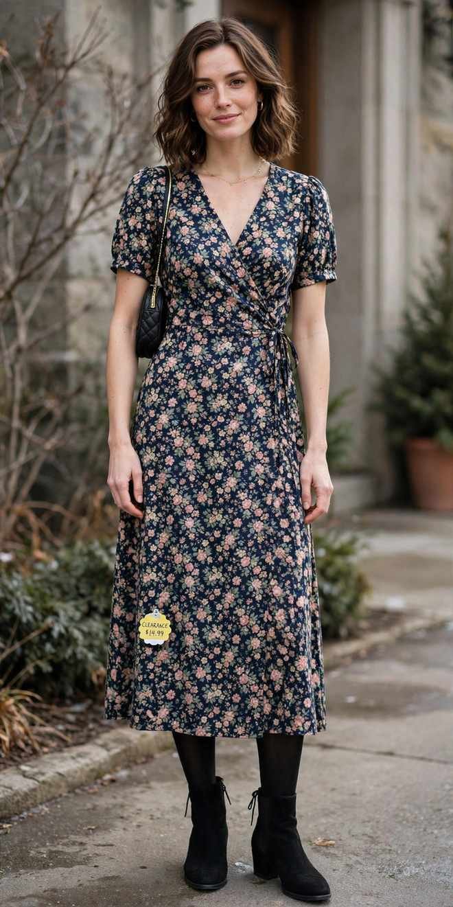 Woman in a dark floral midi dress
