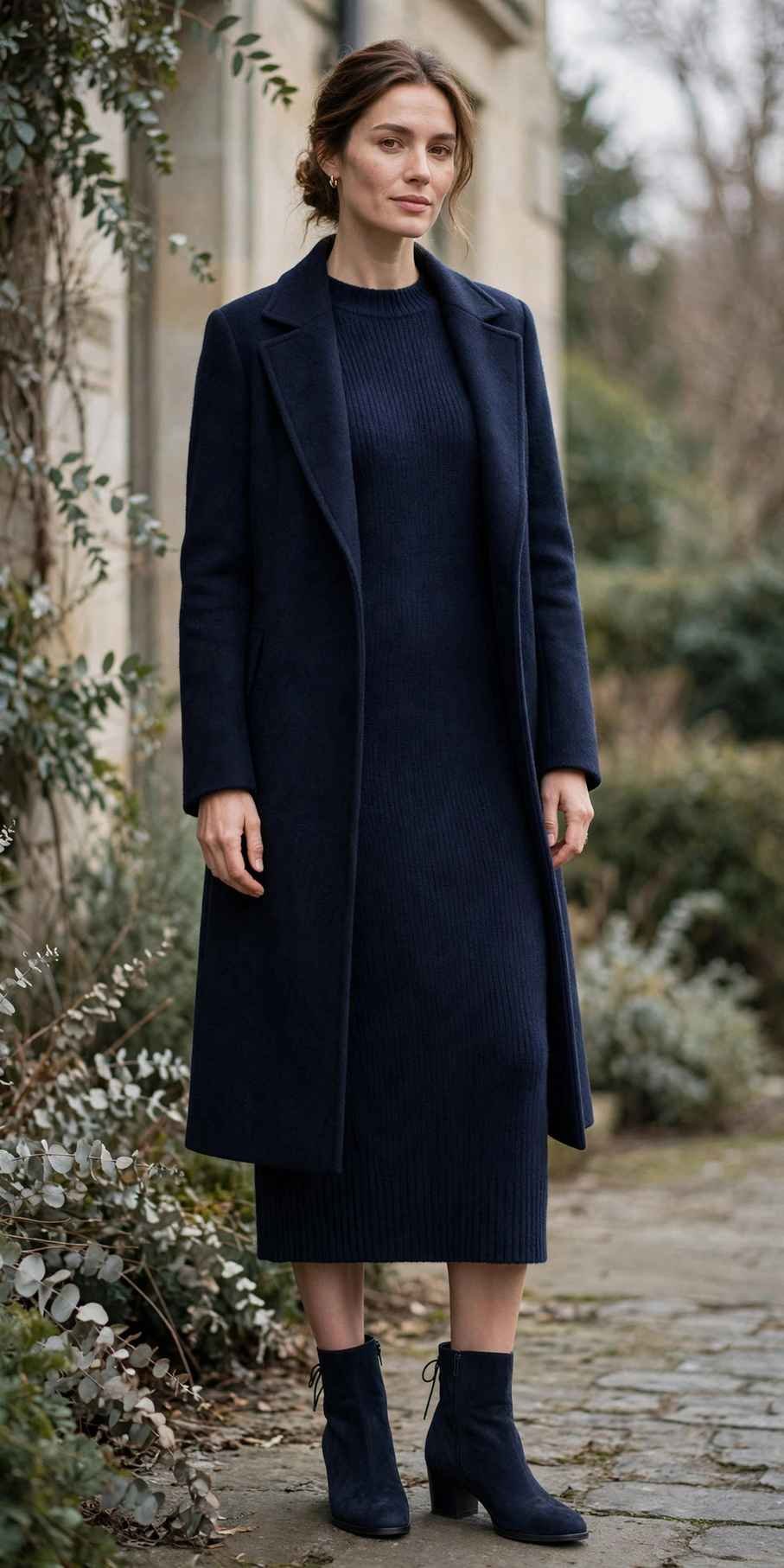 Woman in a navy monochrome outfit