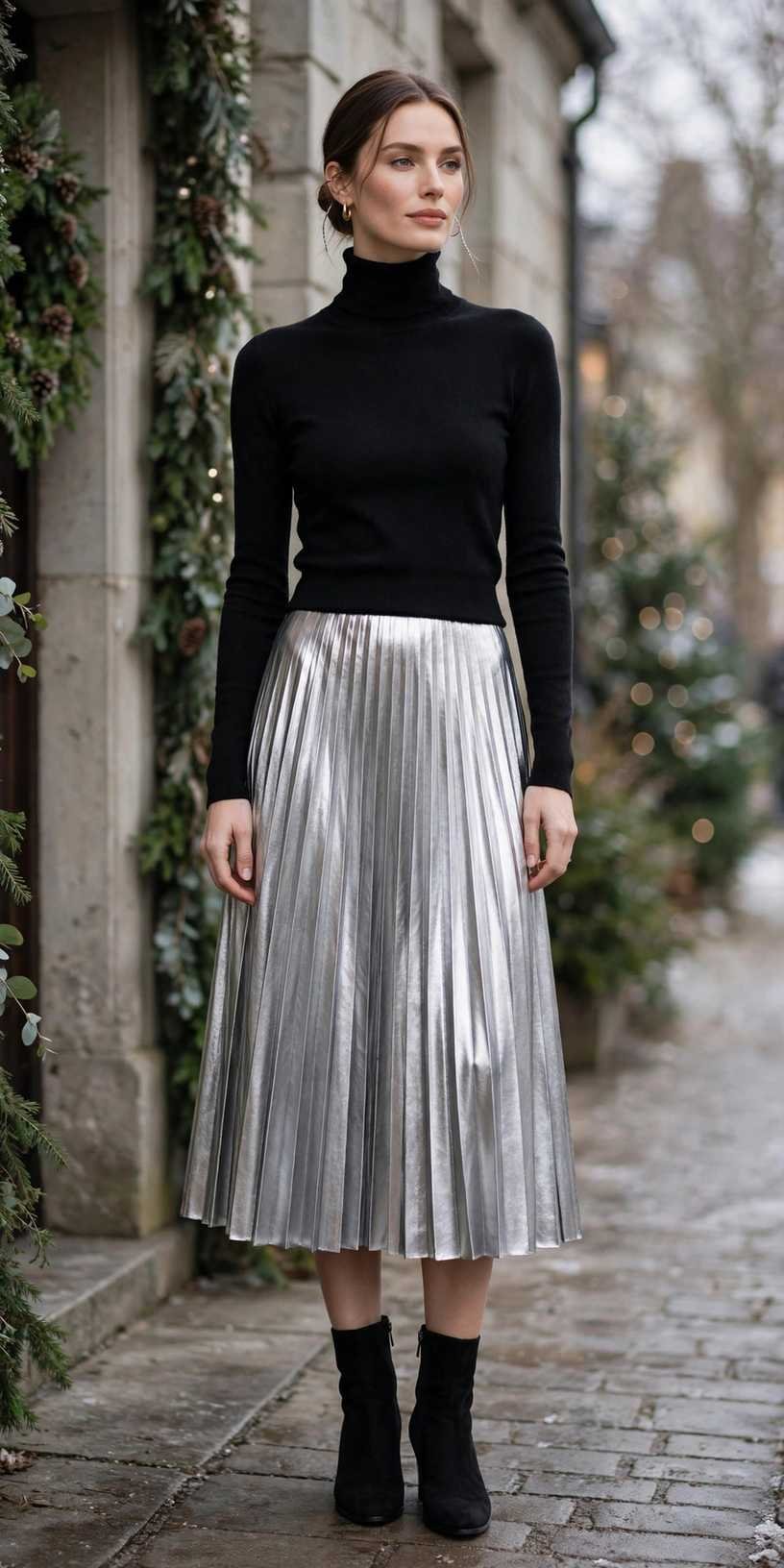 Woman in a metallic skirt with a black turtleneck