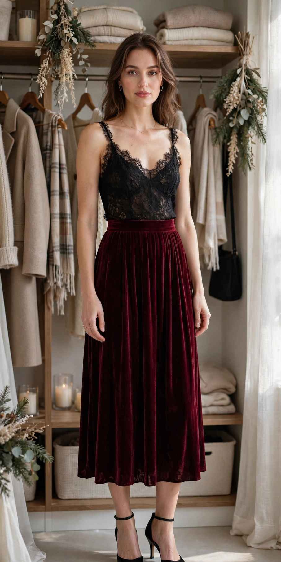Woman in a lace top with a velvet skirt