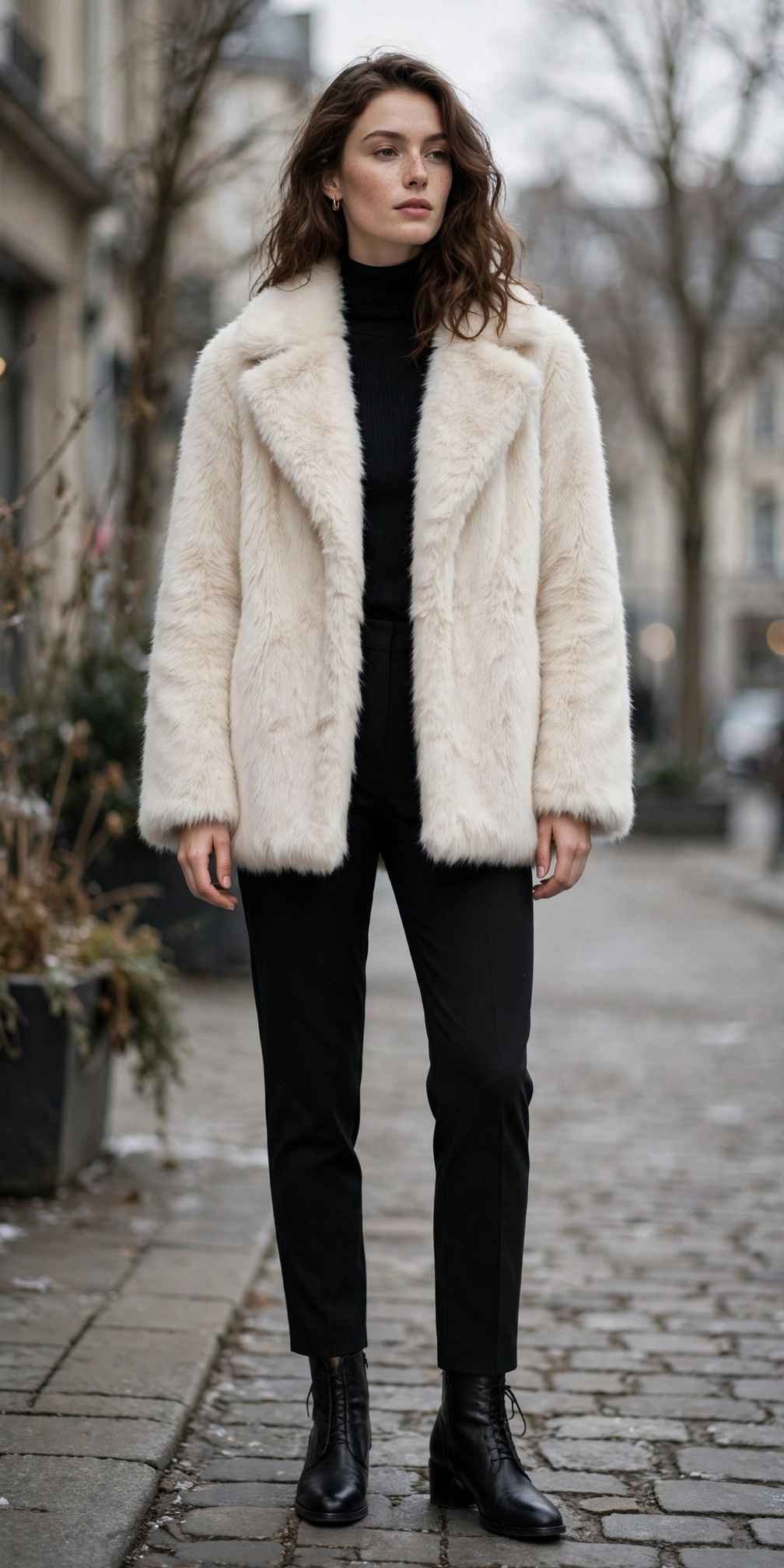Woman in a cream faux fur coat over an all-black outfit