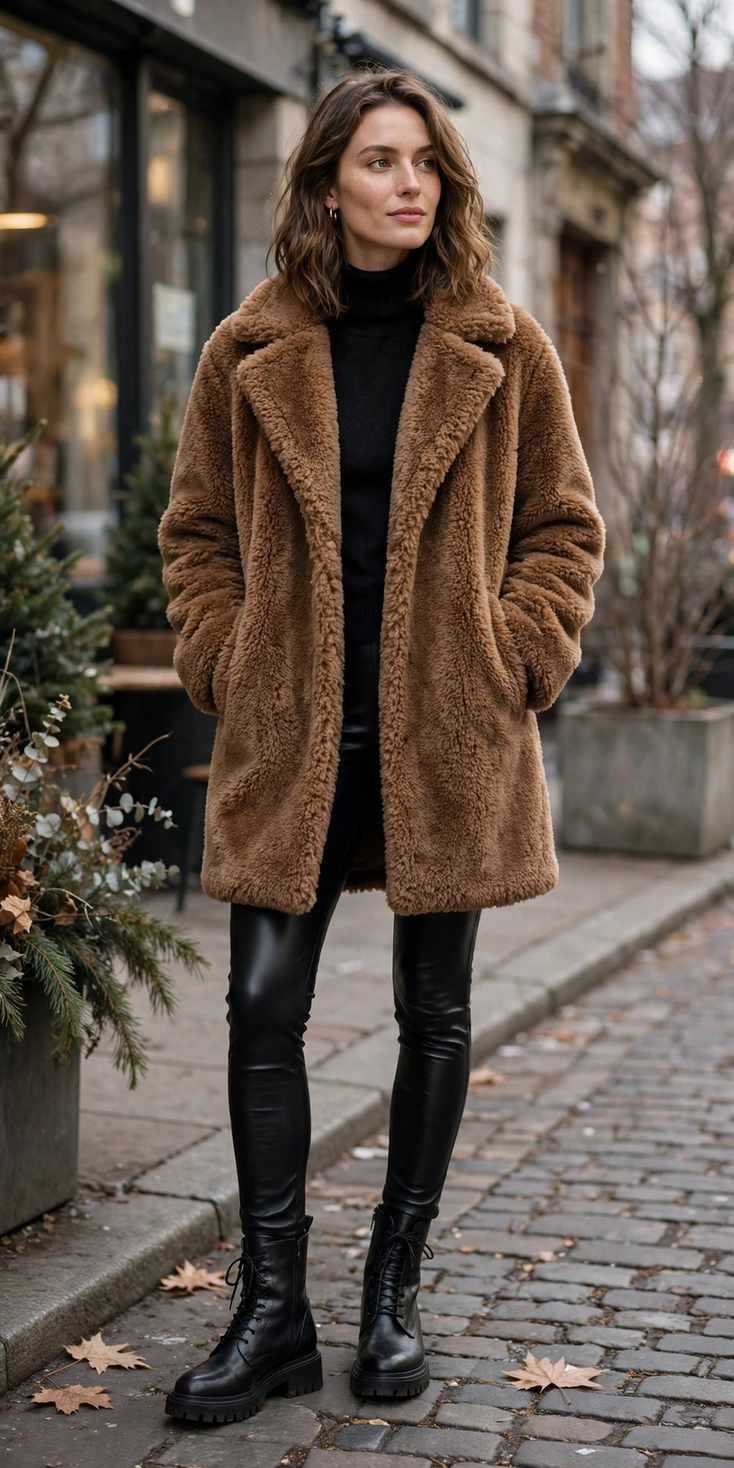 Woman in a brown teddy coat with leather leggings