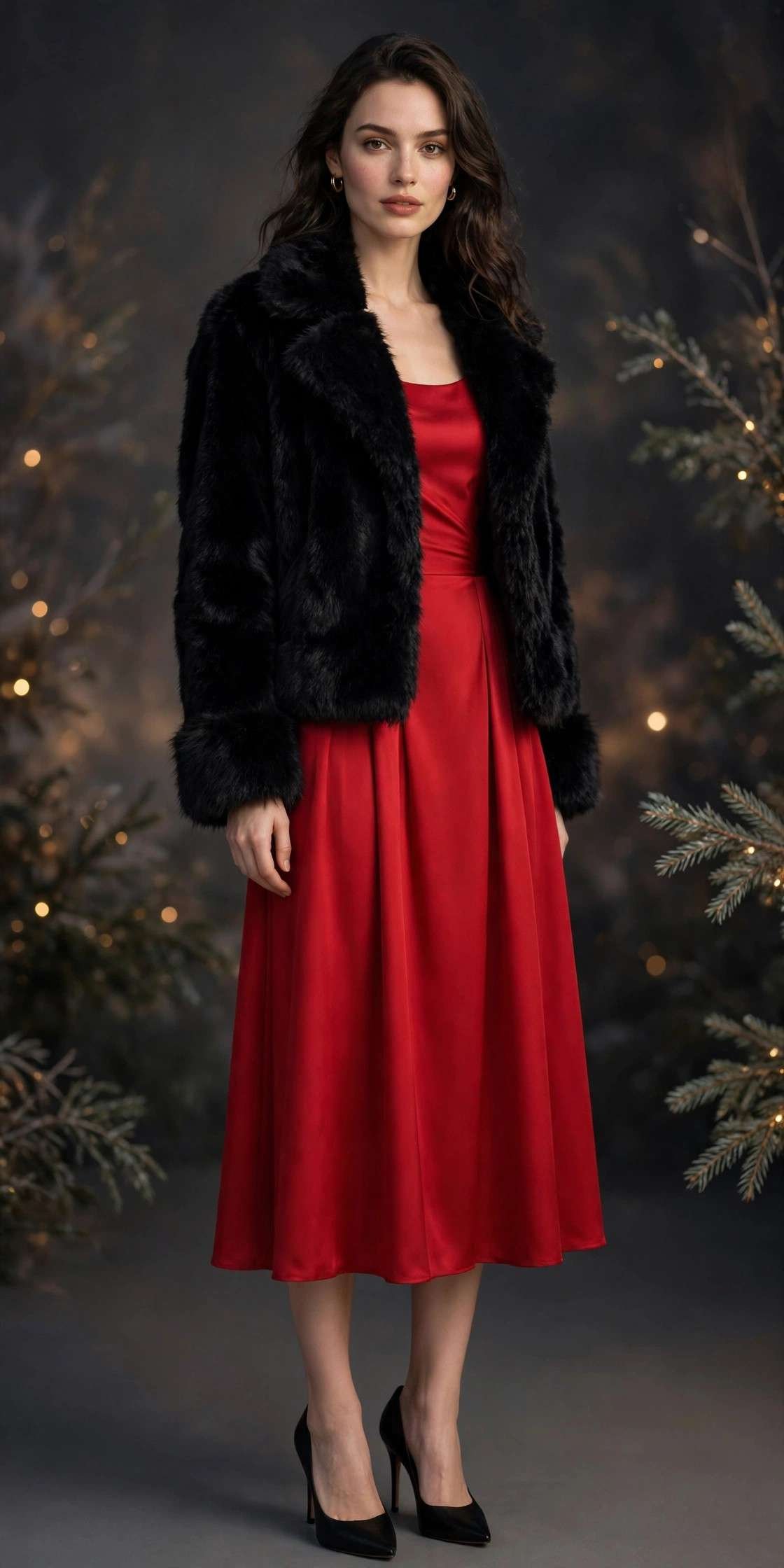 Woman in a black fur coat with a red dress