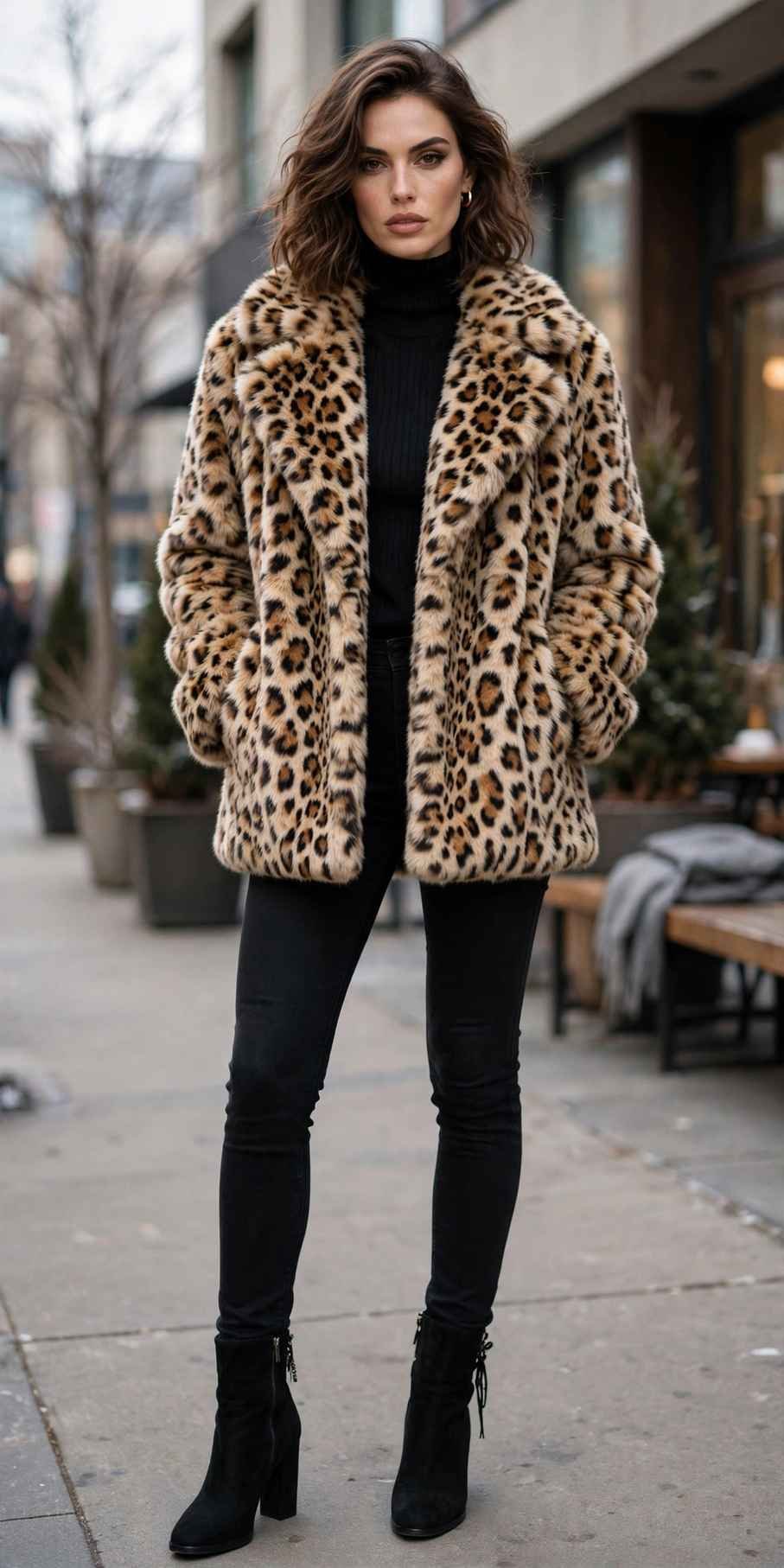 Woman in a leopard print faux fur coat