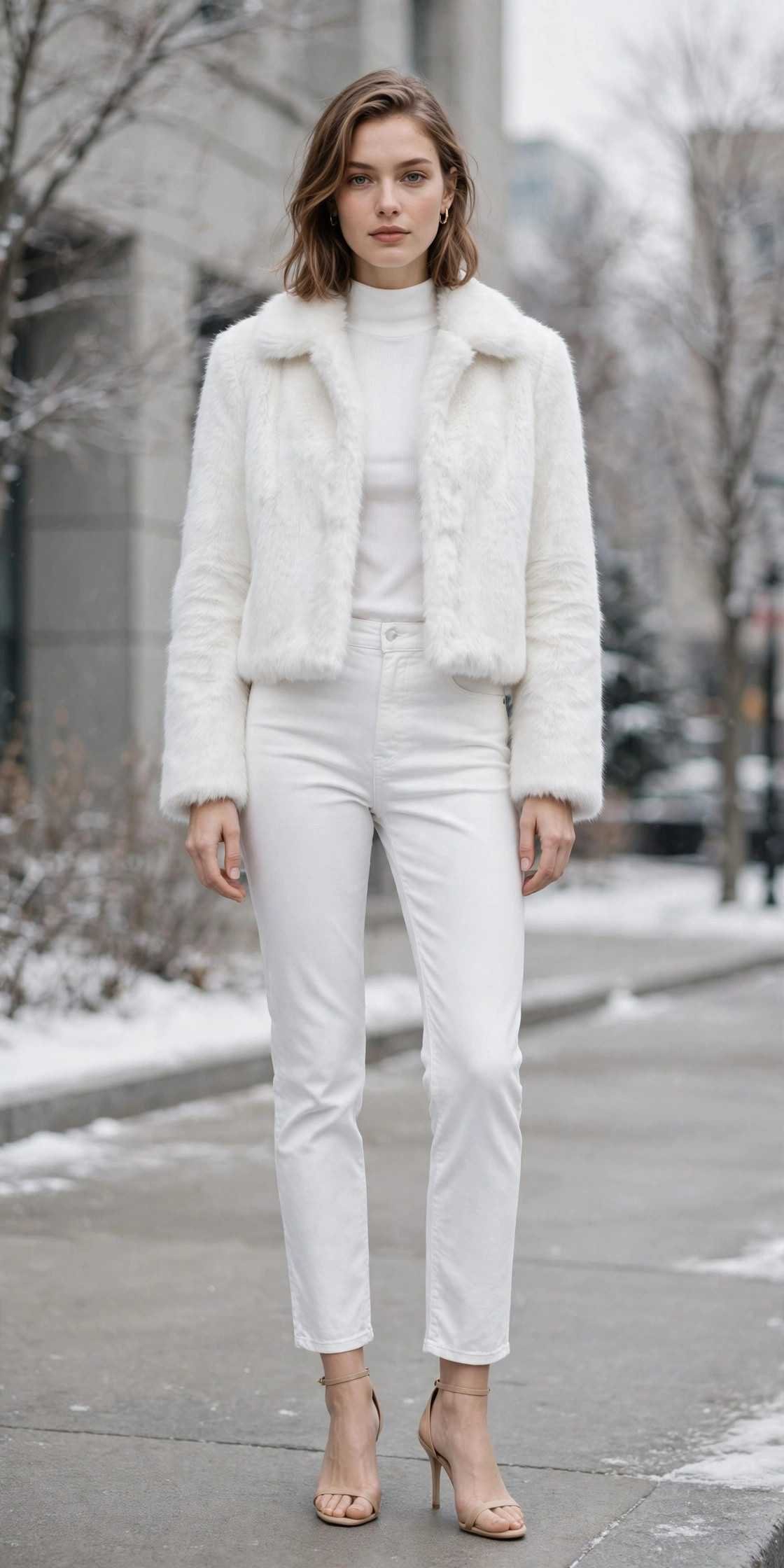 Woman in a white faux fur coat with white jeans