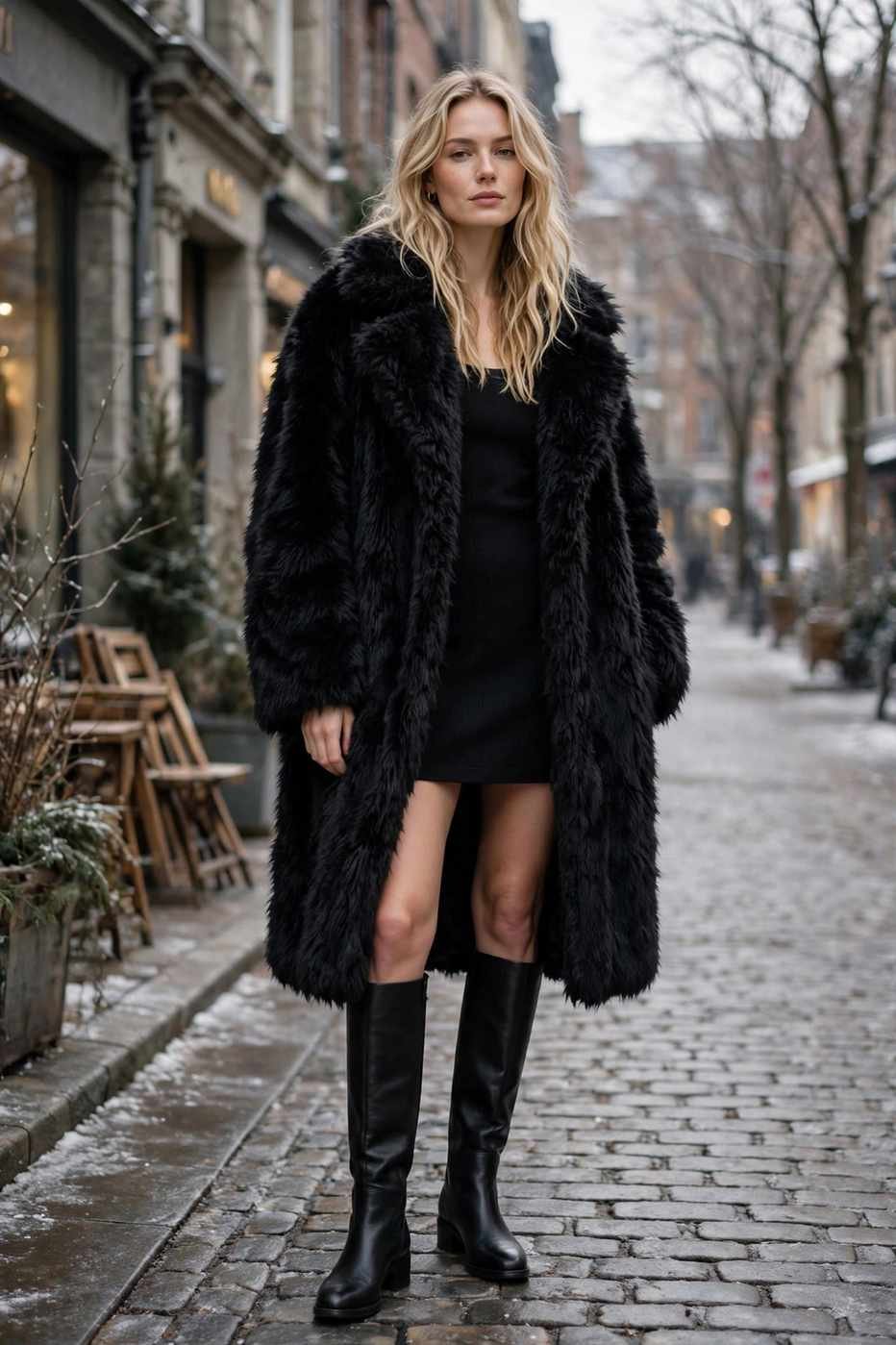 Woman in an oversized faux fur coat with knee-high boots