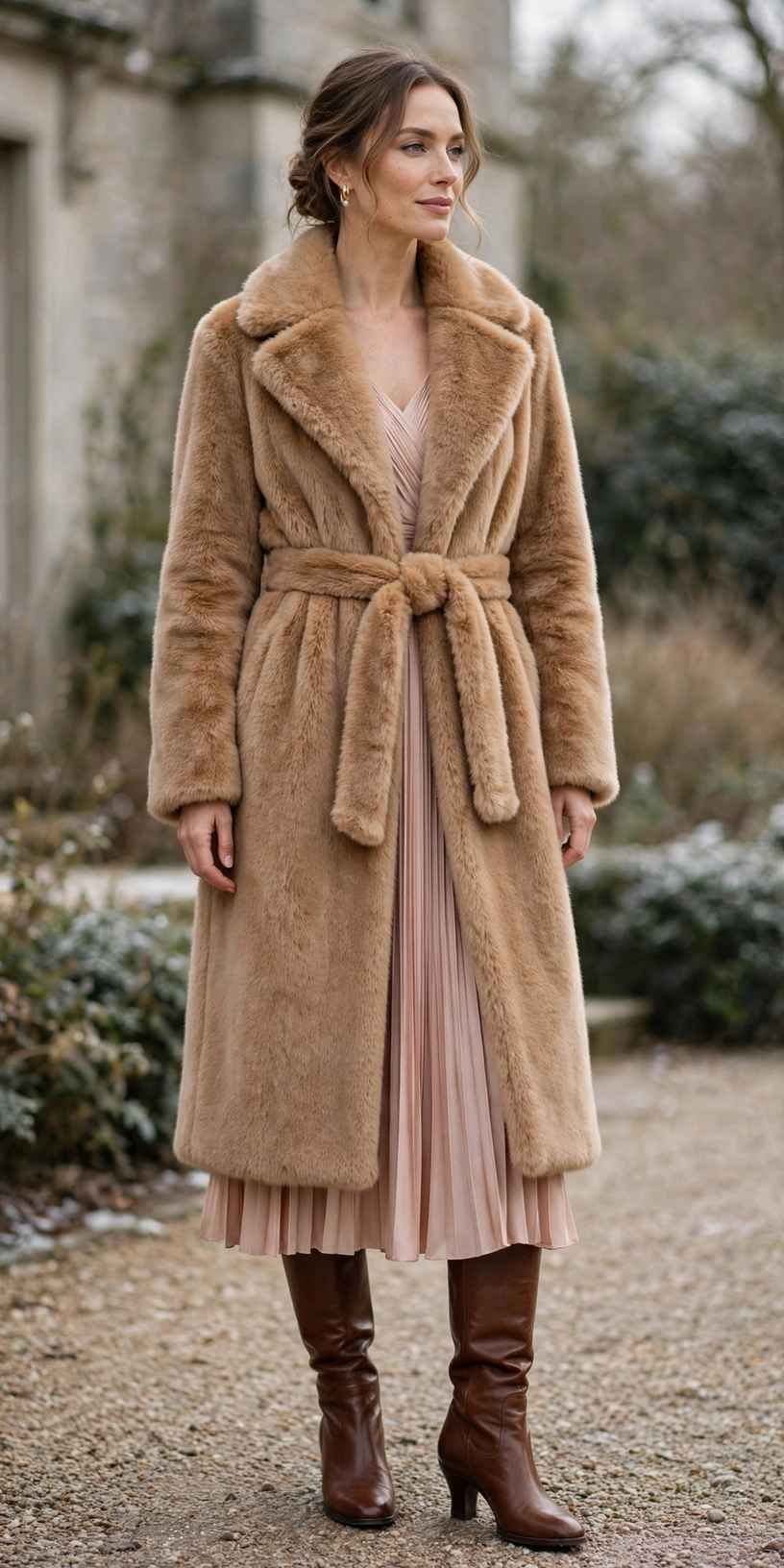 Woman in a belted faux fur coat with a midi dress