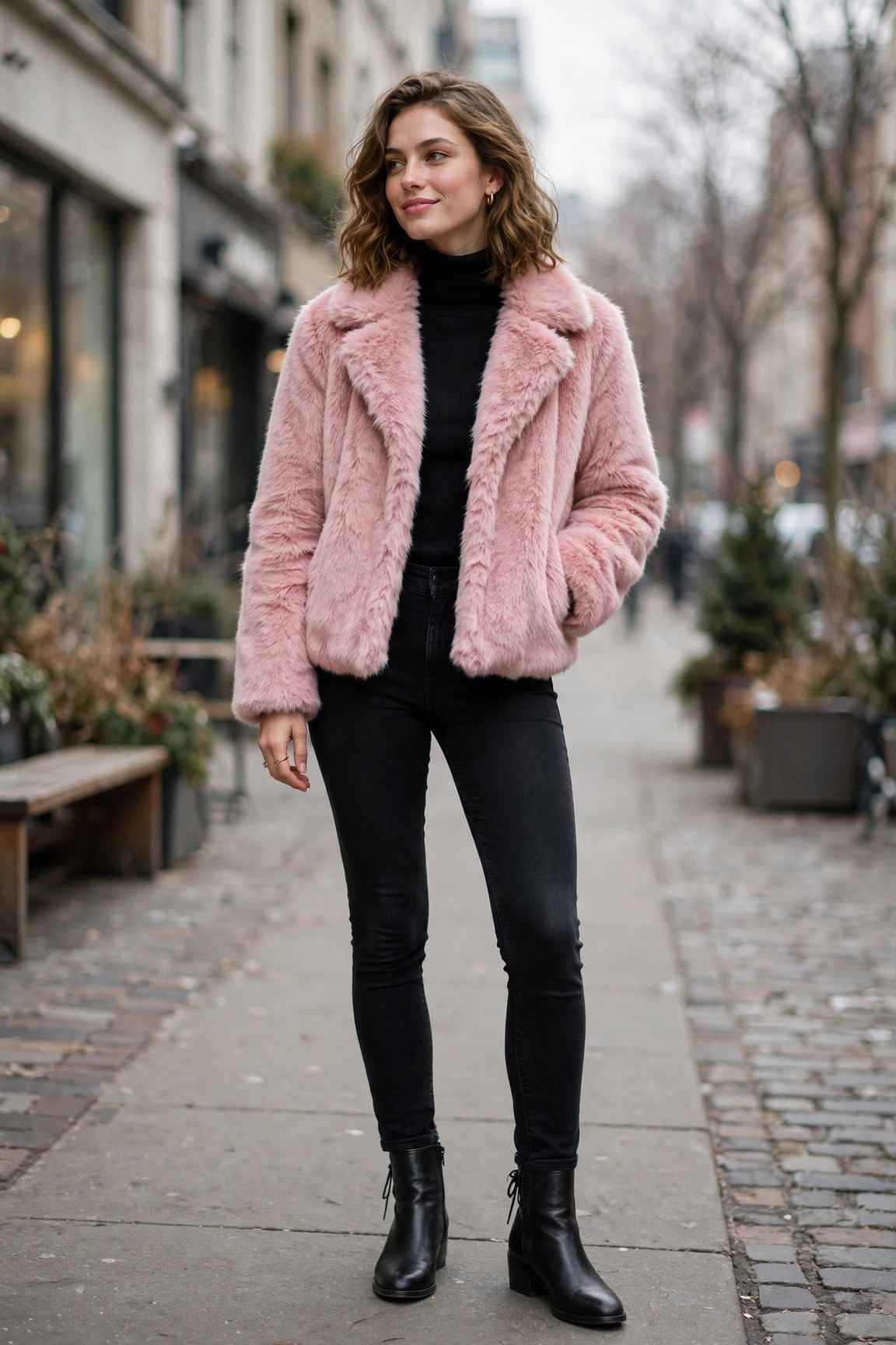 Woman in a pink faux fur coat with black basics