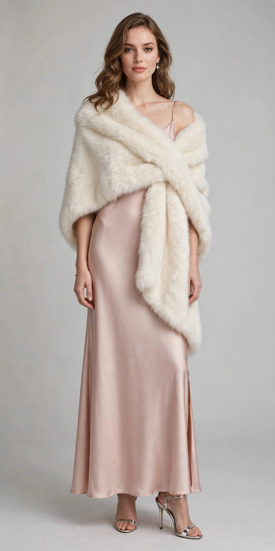 Woman with a faux fur stole over an evening gown