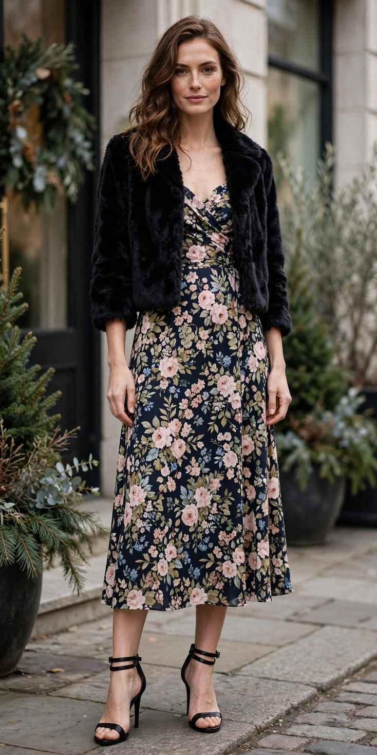 Woman in a faux fur jacket with a wedding guest dress