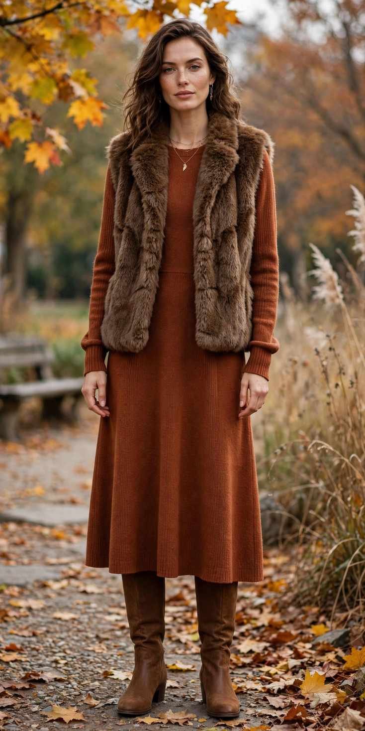 Woman in a faux fur vest with a midi dress