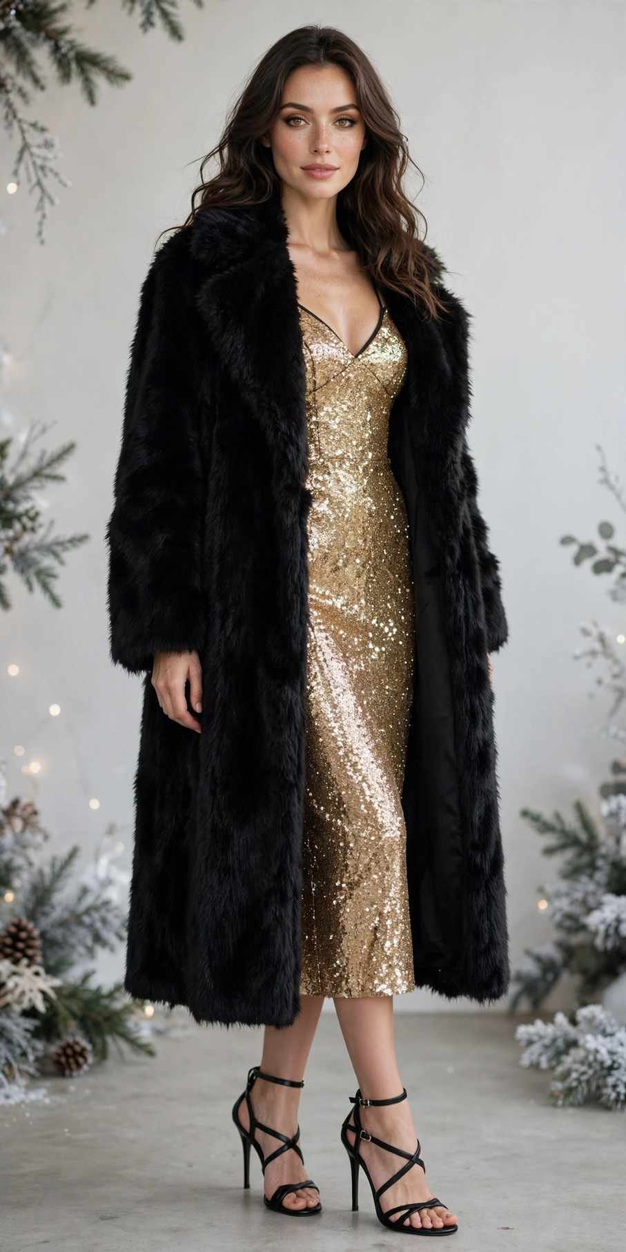 Woman in a faux fur coat with a cocktail dress