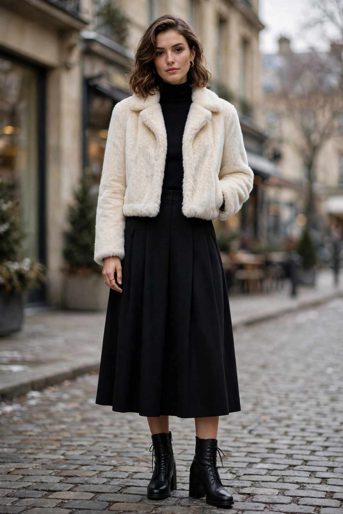 Woman in a cropped fur jacket with a high-waisted skirt
