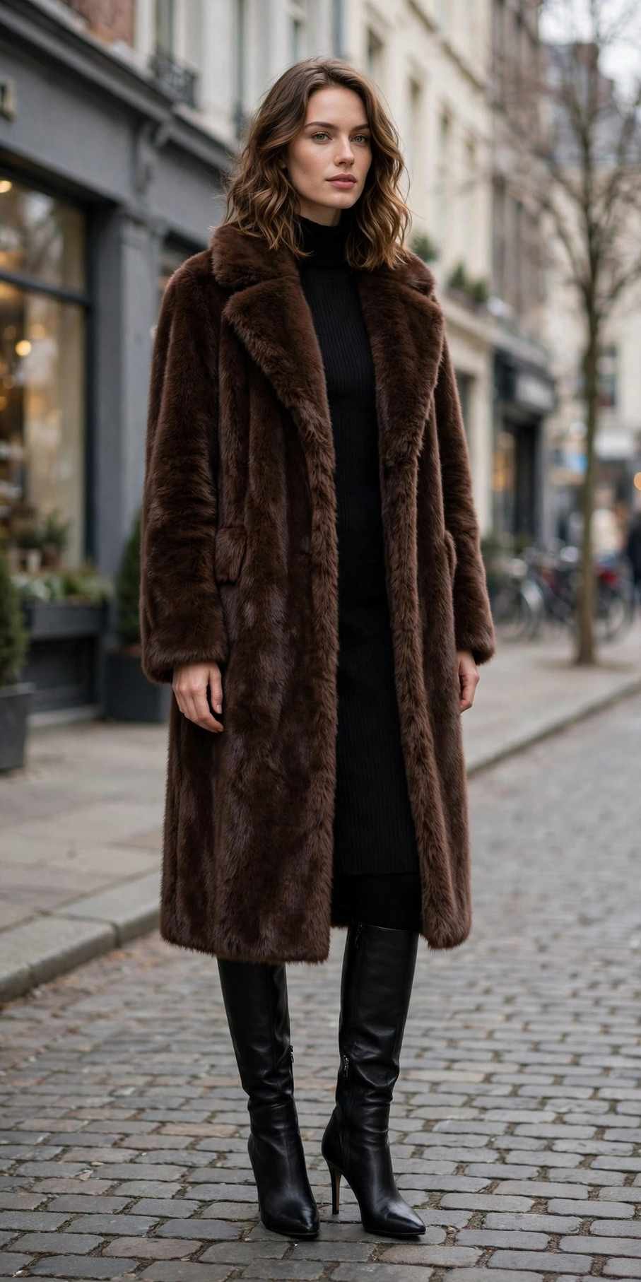 Woman in a long faux fur coat with heeled boots