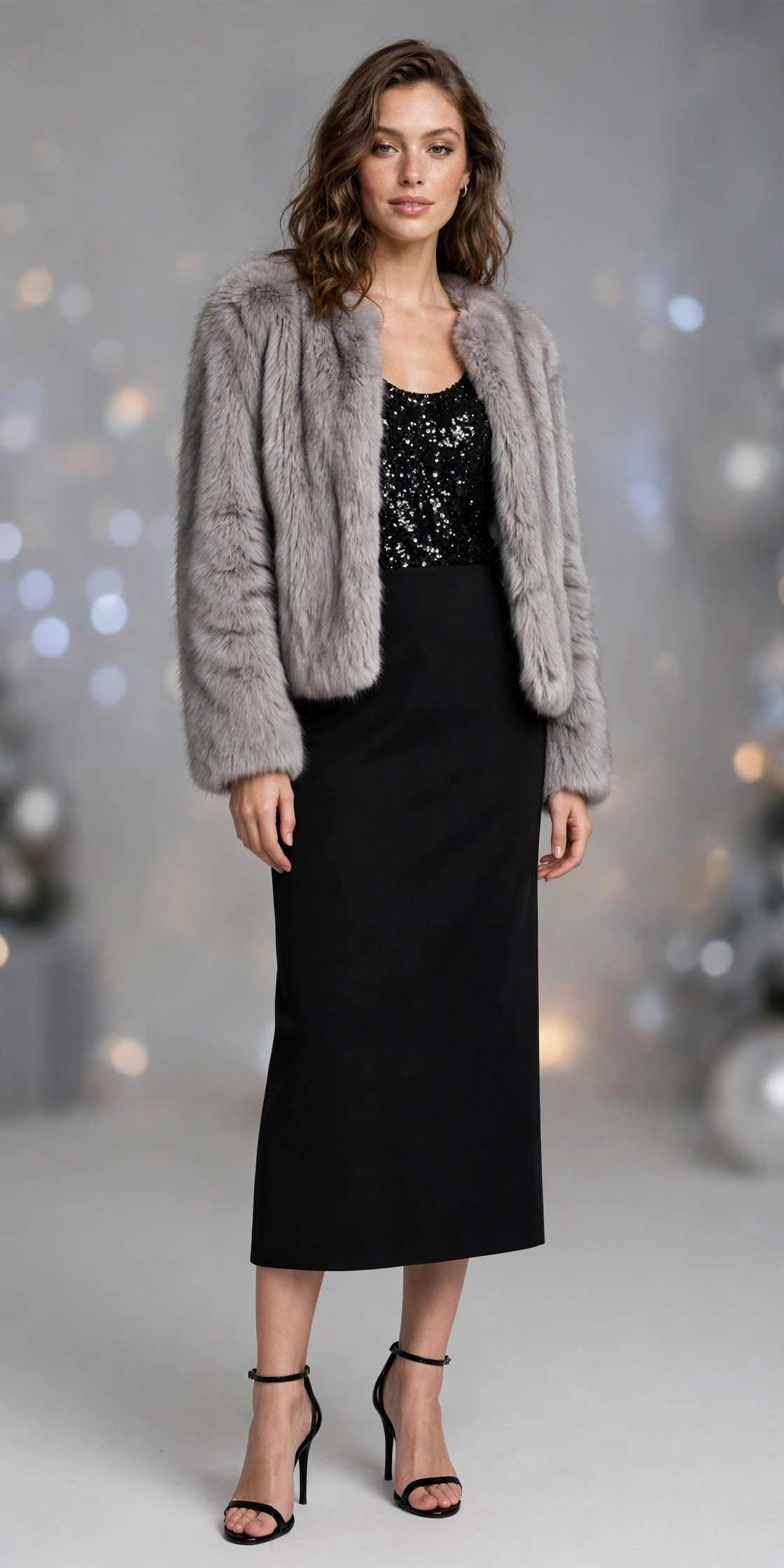 Woman in faux fur with a sequin evening outfit
