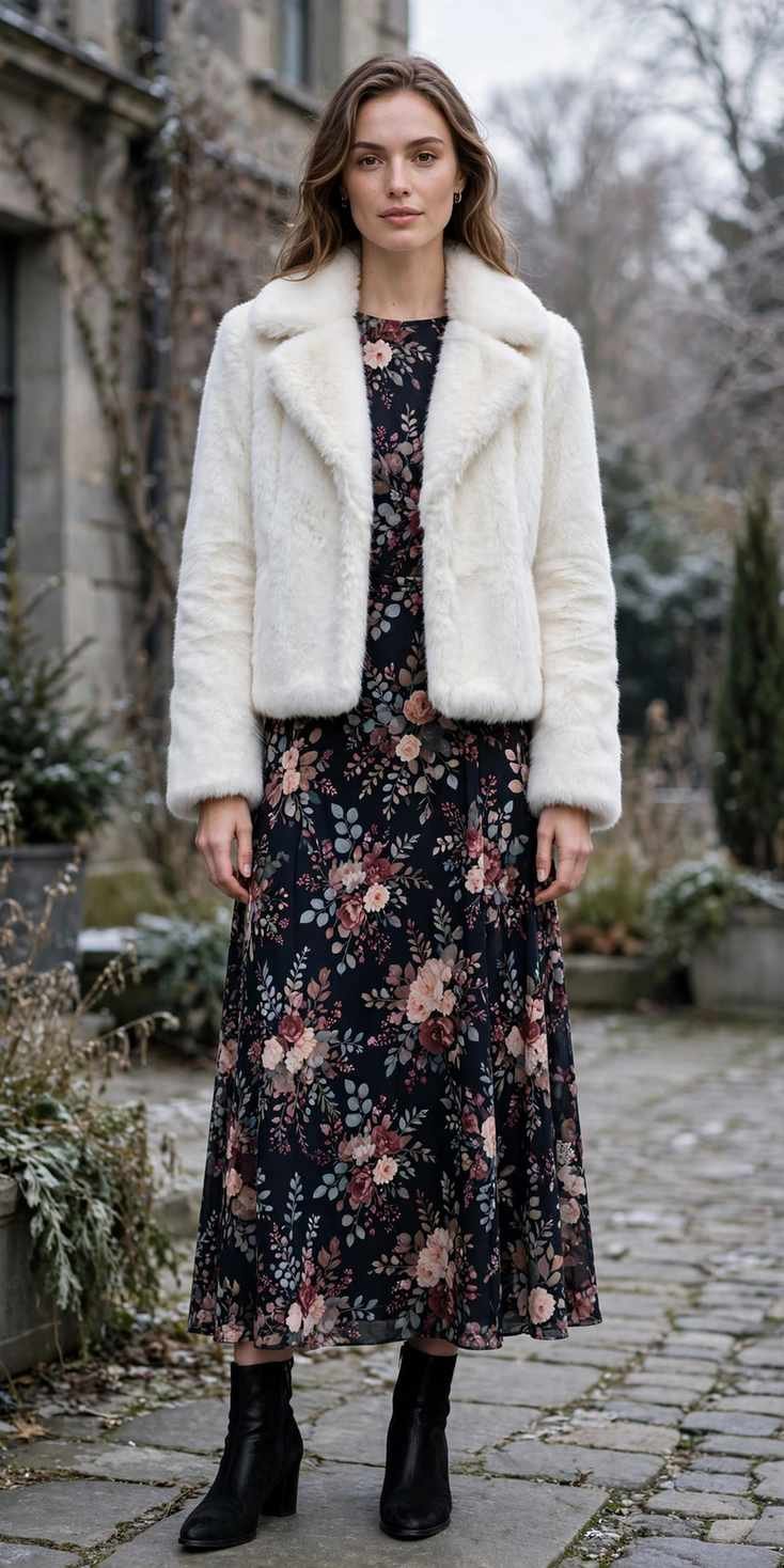 Woman in a faux fur coat with a floral midi dress