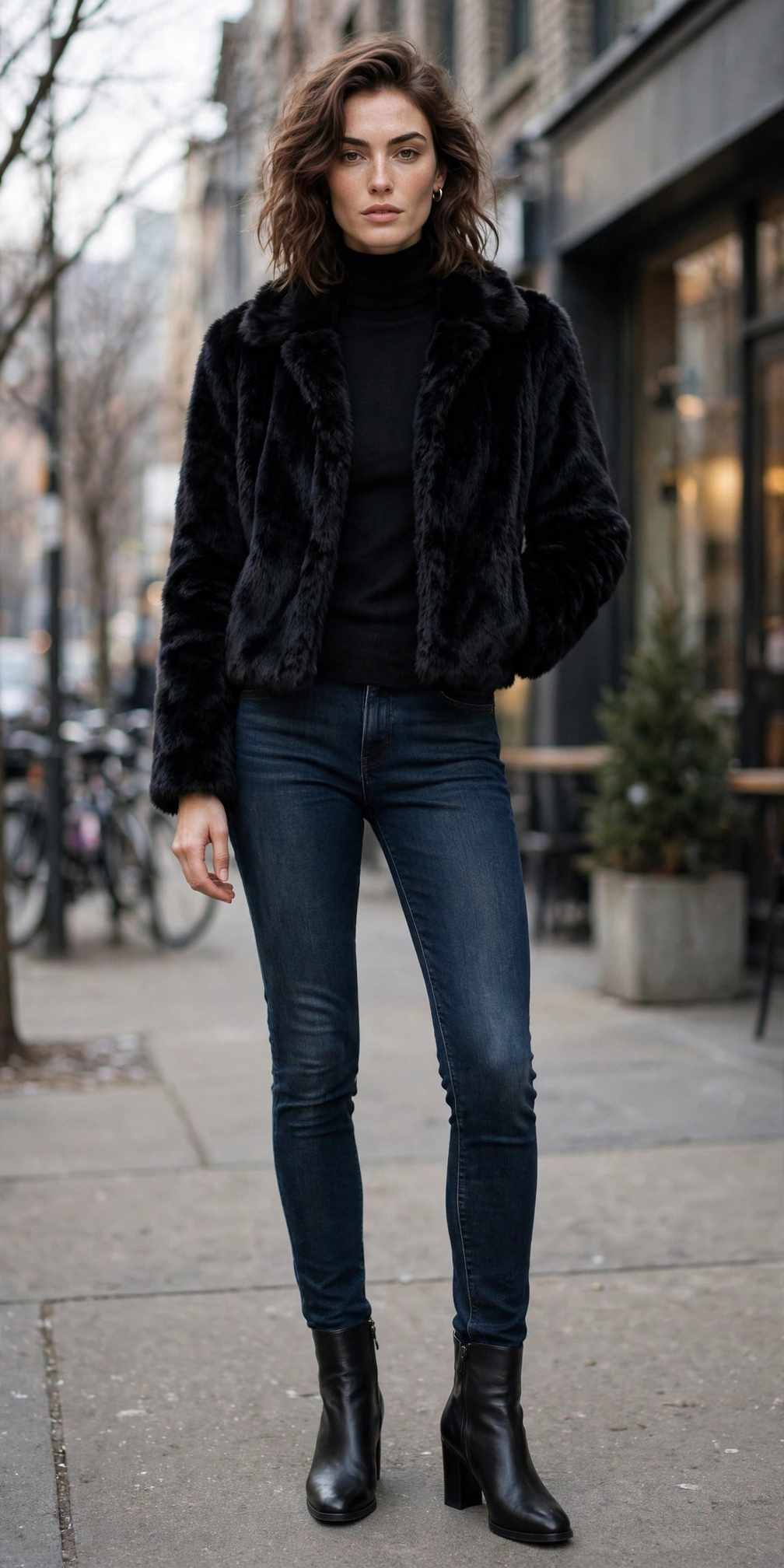Woman in a short fur jacket with dark jeans