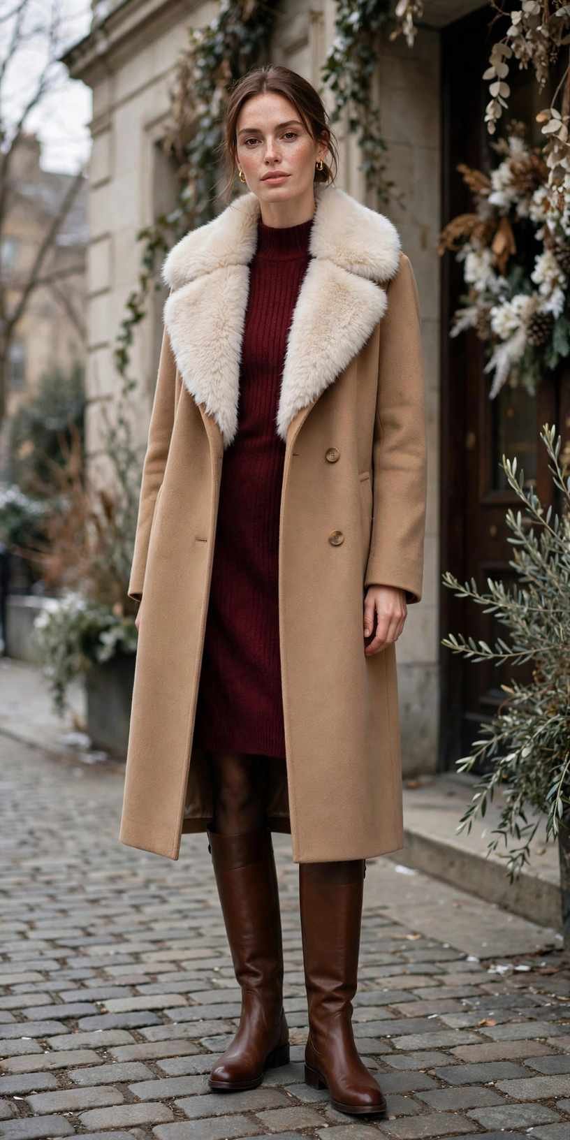 Woman in a fur collar coat with a dress