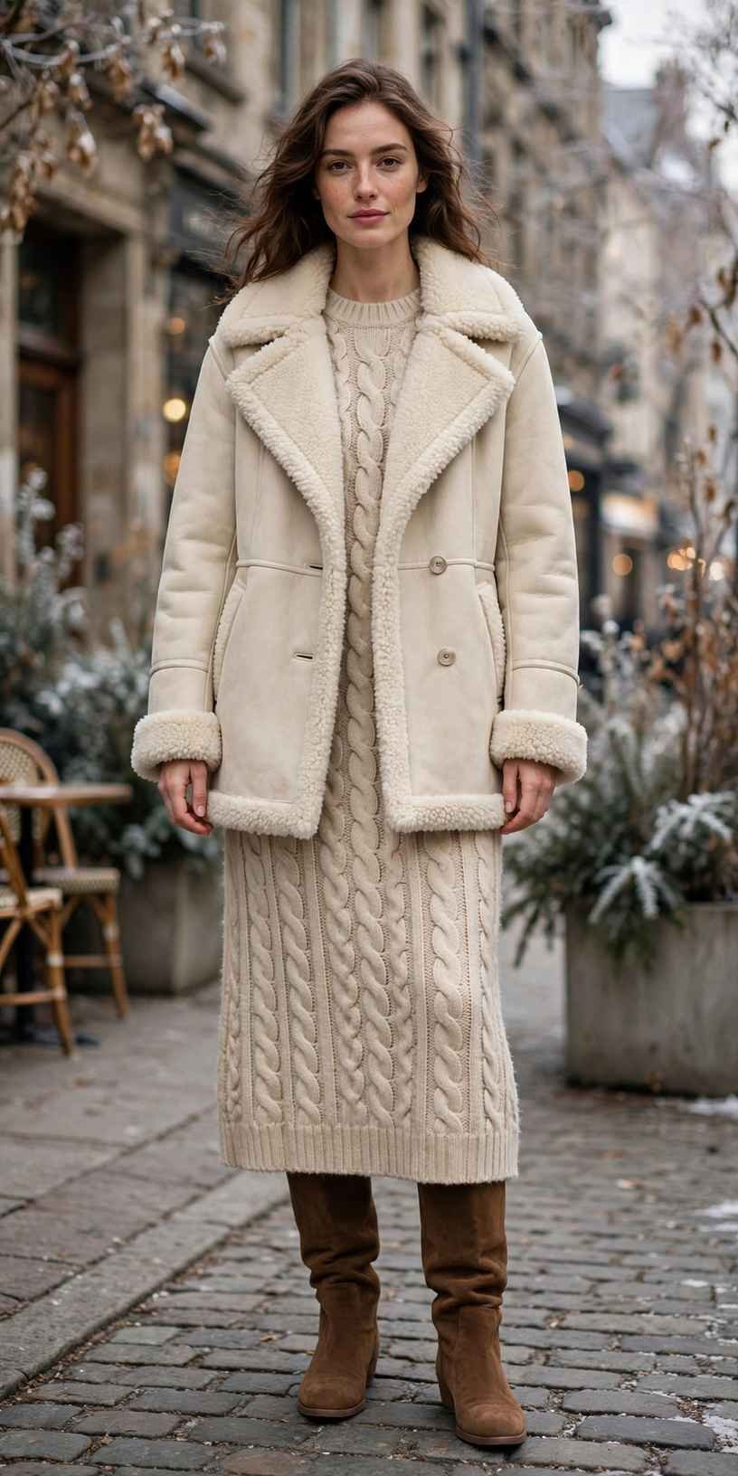 Woman in a shearling coat with a sweater dress