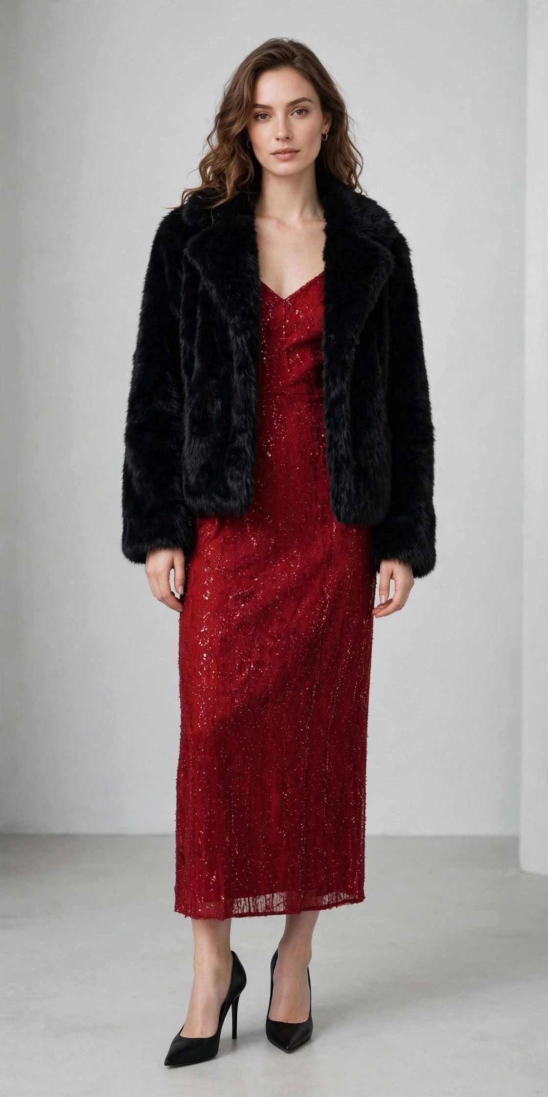 Woman in faux fur with a holiday party dress